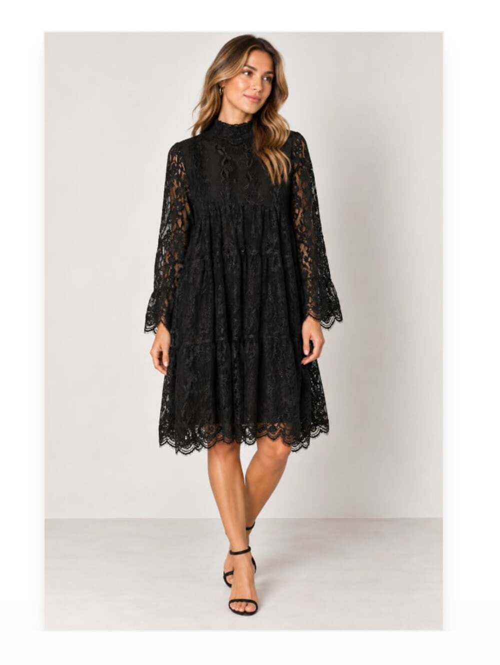 IASK Dress Womens Size XL Black Lace Sheer High Neck Swing Trapeze Midi